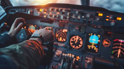 Pilot's hand on aircraft throttle, close-up, taking control, precision focus, flight operation - obrazy, fototapety, plakaty