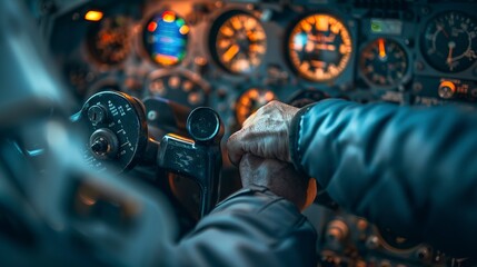 Pilot's hand on aircraft throttle, close-up, taking control, precision focus, flight operation 