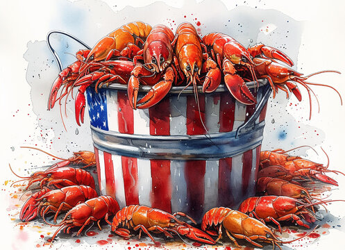 A watercolor painting of a metal bucket full of red crawfish on a white background. The bucket has an American flag pattern.