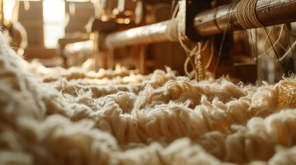 Wool being spun into yarn, tight shot, traditional technique, warmth in creation, textile origin - obrazy, fototapety, plakaty