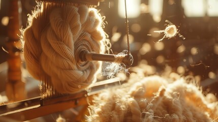 Wool being spun into yarn, tight shot, traditional technique, warmth in creation, textile origin  - obrazy, fototapety, plakaty