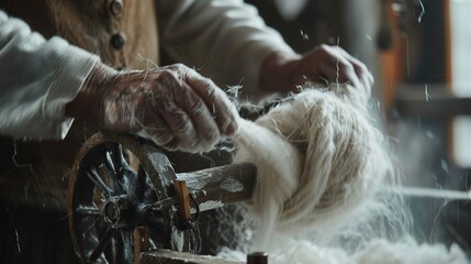 Wool being spun into yarn, tight shot, traditional technique, warmth in creation, textile origin  - obrazy, fototapety, plakaty