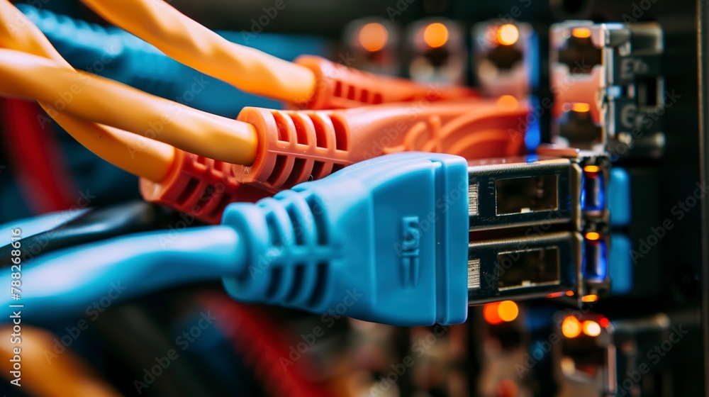 Poster ethernet cables plugged into a switch, macro view, connectivity web, network setup, it lifeline