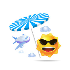 Tourist trips to hot countries. A gentle sun with an umbrella in his hand. 