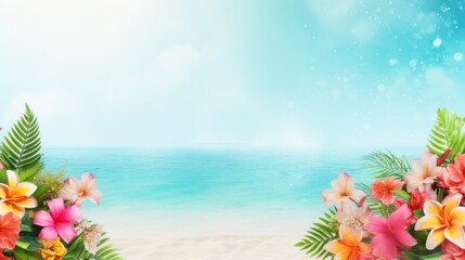 Summer and vacation concept background with sea, beach and colorful flowers