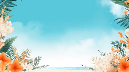 Summer concept frame with flowers, beach, sea, blue sky and palm leaves. Vacation, travel, holiday and resort themes.