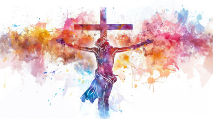 Jesus on the cross, reaching out with love and forgiveness to humanity in a digital watercolor painting on a white background. - obrazy, fototapety, plakaty