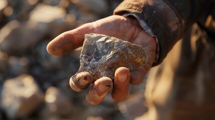 Geologist's hand holding a mineral sample, macro detail, earth's bounty, scientific exploration 