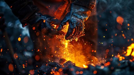 Steelworker pouring molten metal, detailed shot, fiery glow, foundry heat, metallurgical process - obrazy, fototapety, plakaty