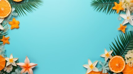 Tropical summer frame with palm leaves, fruits and flowers. Vacation and holiday concept.