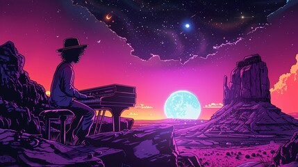 Write a scifi comic strip about a band of intergalactic musicians who travel from planet to planet, sharing their music and learning new melodies from alien civilizations 8K , high-resolution, ultra H - obrazy, fototapety, plakaty