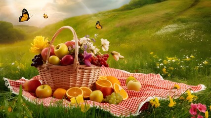 A picnic on a green maedow with a basket full of fruits, flowers and flowers