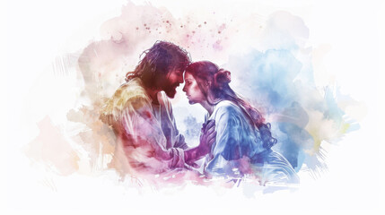 Create a digital watercolor artwork depicting Jesus comforting Mary at the foot of the cross on a white background.