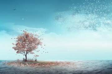 Tree on the island in the sea. Landscape illustration.