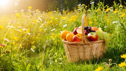 A picnic on a kitchen with a basket full of fruits and flowers
