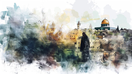 Jesus shedding tears over Jerusalem in a digital watercolor painting on a white backdrop. - obrazy, fototapety, plakaty