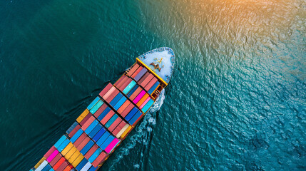 Aerial view from drone, Container ship or cargo shipping business logistic import and export freight transportation by container ship in the open sea, freight ship boat.


