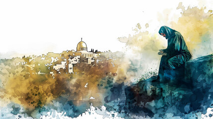 Obraz premium Jesus shedding tears over Jerusalem in a digital watercolor painting on a white backdrop.
