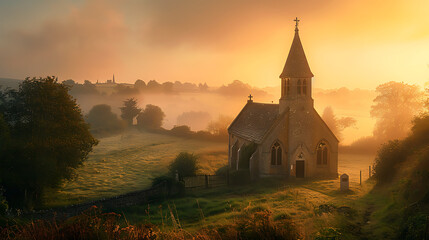 English church in morning mist, bathed in early sunlight