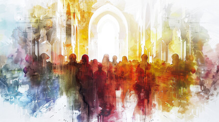 Jesus and his apostles depicted in a digital watercolor painting on a white background within the upper room.