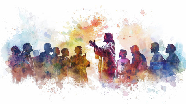 Jesus teaching the Beatitudes to his followers in a digital watercolor illustration on a white backdrop.