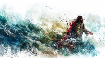 Jesus calming the storm on the Sea of Galilee depicted in a digital watercolor on a white background.