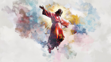 Jesus rising into the clouds in a digital watercolor painting on a white backdrop.