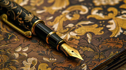 close up stylish black fountain pen on flower pattern cover book. - obrazy, fototapety, plakaty