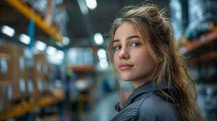 photo of professional uniformed female service technician sitting at a desk closely looking at her imac computer screen in a large
