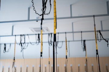 A gym with many ropes hanging from the ceiling