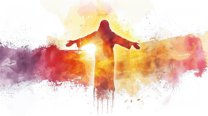 A digital watercolor painting on a white background depicts the silhouette of Jesus' body against the setting sun, capturing a powerful and striking image. - obrazy, fototapety, plakaty