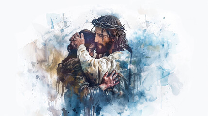 Jesus embracing the repentant thief on the cross in a digital watercolor painting on a white background.