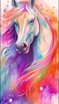 Rainbow White Horse with a vibrant mane. Watercolor style. On background of aquarelle splashes and stains. Fantasy art. Concept of creativity, vivid colors, artistic expression. Motion. Vertical