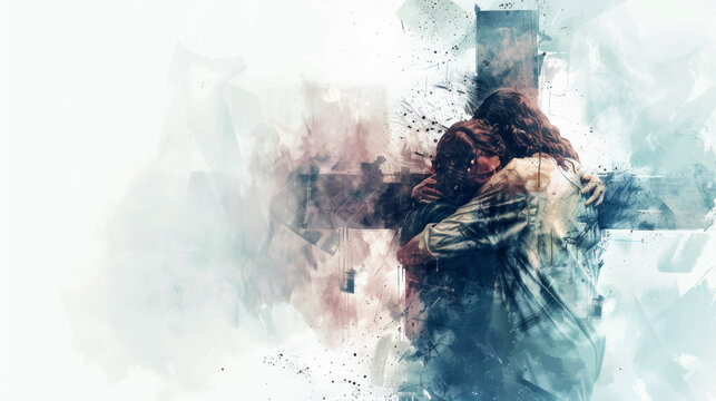Jesus embracing the repentant thief on the cross in a digital watercolor painting on a white background.