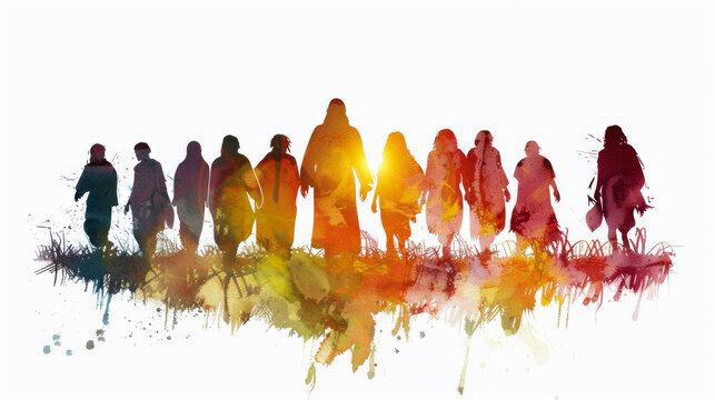 Digital painting of Jesus and the ten lepers in watercolor style on a white background.