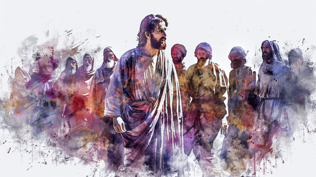 Digital painting of Jesus and the ten lepers in watercolor style on a white background.