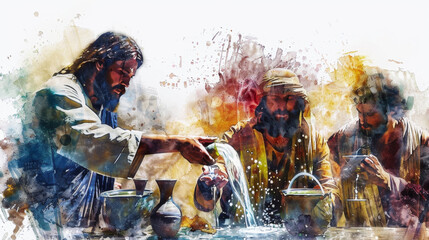 Create a digital artwork on a white canvas depicting Jesus miraculously transforming water into wine.