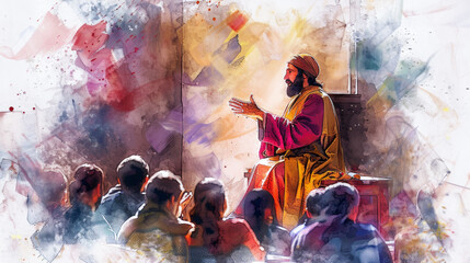 Jesus painting in a digital watercolor style, teaching in the synagogue and impressing his audience with his profound wisdom.
