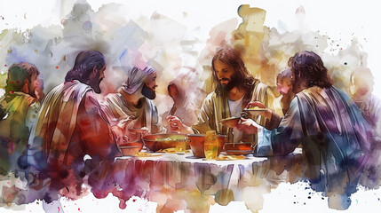 Jesus dining with sinners and tax collectors, depicted in a digital watercolor on a white backdrop.