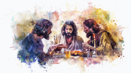 Jesus dining with sinners and tax collectors, depicted in a digital watercolor on a white backdrop.