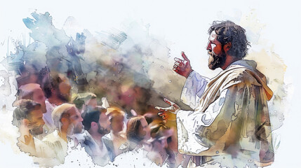 Jesus preaching the Sermon on the Mount depicted in a digital watercolor painting on a white background.