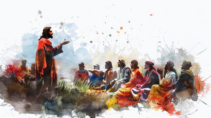 Jesus preaching the Sermon on the Mount depicted in a digital watercolor painting on a white background.