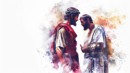 Jesus depicted in a digital watercolor painting with the centurion's servant on a white background. - obrazy, fototapety, plakaty