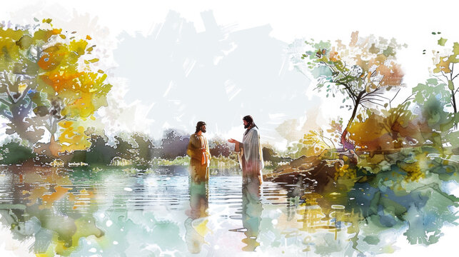 An artistic depiction of Jesus' baptism by John the Baptist in the Jordan River using digital watercolor on a white background.
