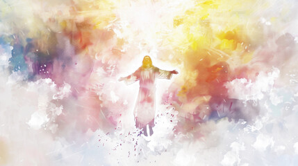 Obraz premium Jesus rising into the clouds in a digital watercolor painting on a white backdrop.