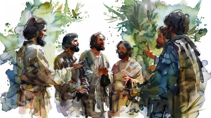 Jesus teaching his disciples the meaning of the parable of the sower through digital watercolor art on a white background. - obrazy, fototapety, plakaty