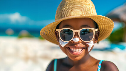 girl with sunscreen on her face at beach, generative ai