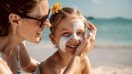 mother applying sunscreen to child face at beach, generative ai
