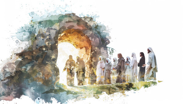 An image of Jesus bringing Lazarus back to life with digital watercolor on a white canvas.