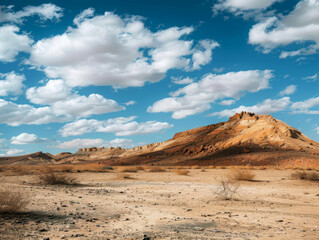 Fototapeta na wymiar Landscape of arid desert terrain with dry soil and rocky mountains against cloudy blue sky on sunny day. Detailed view of parched and cracked soil ground texture background for design projects.
